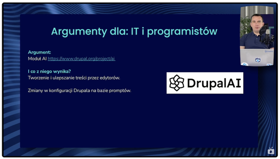 Plansza podkreślająca, że moduł AI dostępny w Drupalu to solidny argument za tym systemem.