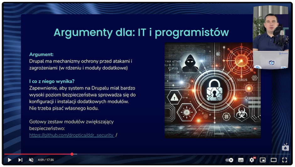 Prezentacja opisująca, że Drupal posiada wbudowane mechanizmy ochrony przed atakami. 