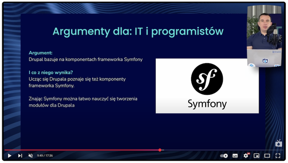 Informacja o tym, że nowoczesny system Drupal bazuje na komponentach frameworka Symfony.