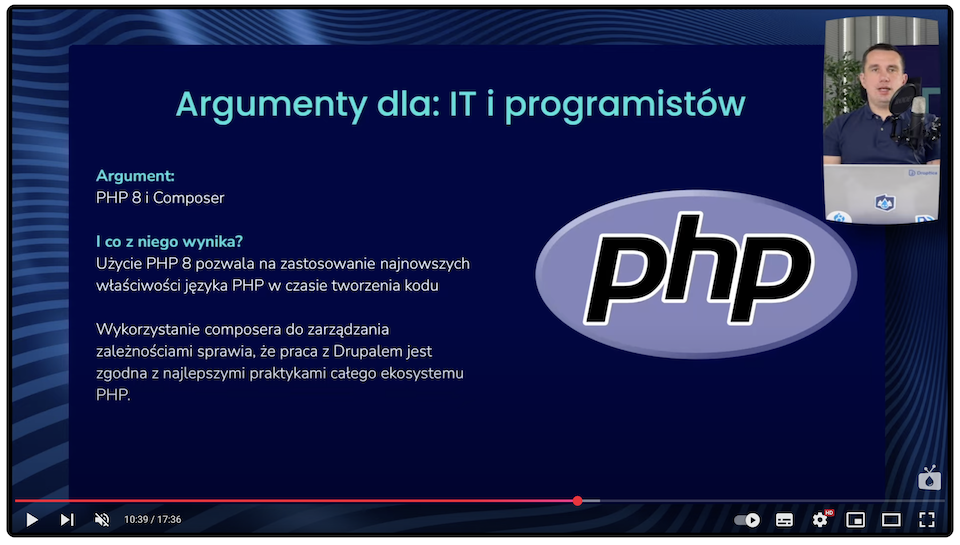 Plansza z informacją o tym, że Drupal to najlepszy CMS dla programistów, bo używa PHP 8 i Composera.