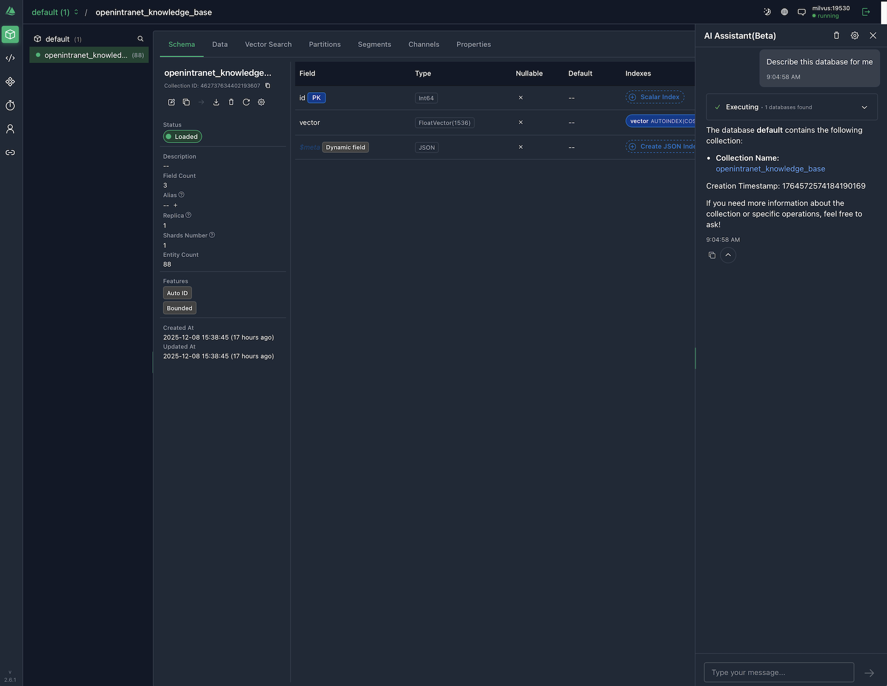 Interfejs Attu dla wektorowej bazy Milvus z wbudowanym asystentem AI.