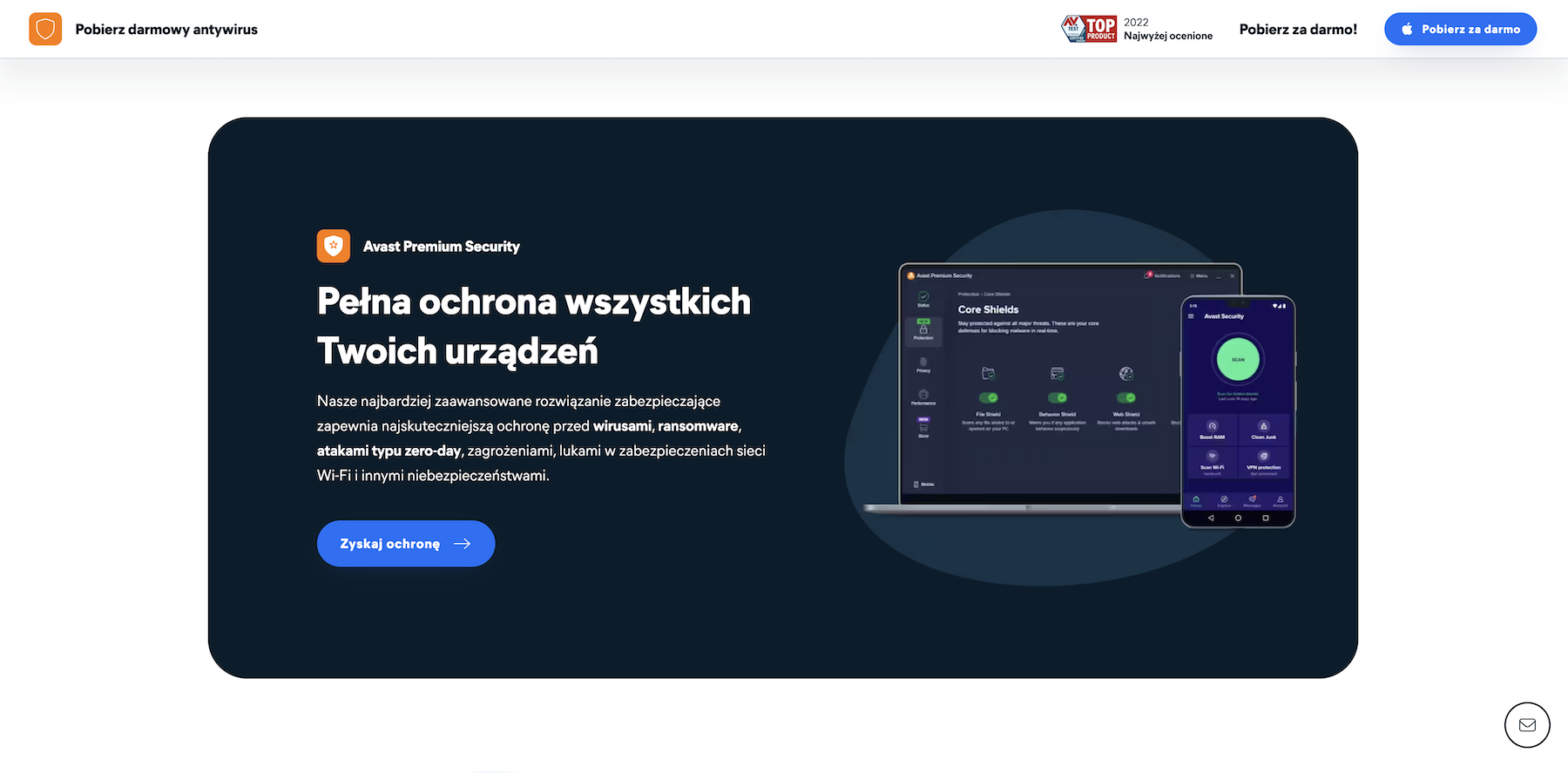 Witryna technologiczna firmy Avast zachęca klientów do skorzystania z oferty, stosując przyciski CTA