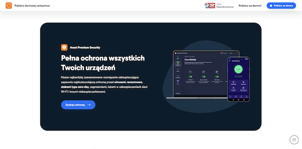 Witryna technologiczna firmy Avast zachęca klientów do skorzystania z oferty, stosując przyciski CTA 