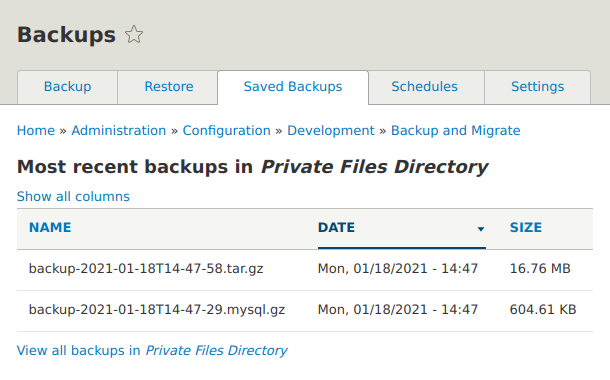 Backup and Migrate - Saved Backups