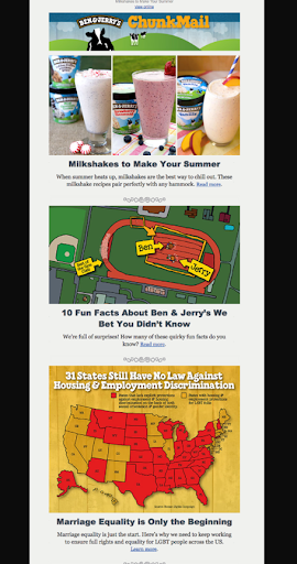 Newsletter firmy Ben & Jerry's zawiera ładne zdjęcia i grafiki w komiksowym stylu