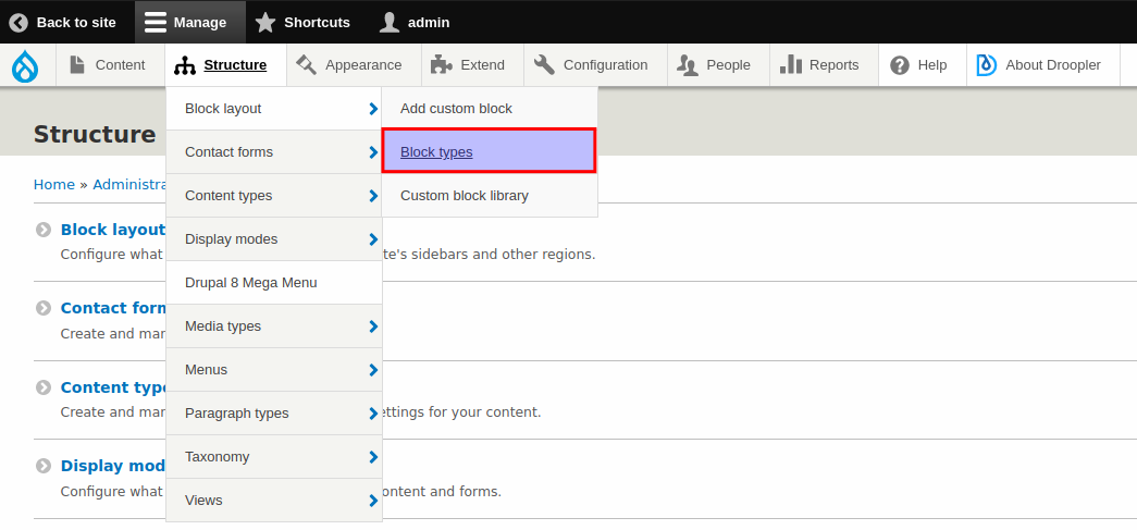 Zakładka Block types w menu paska administracyjnego w Drooplerze