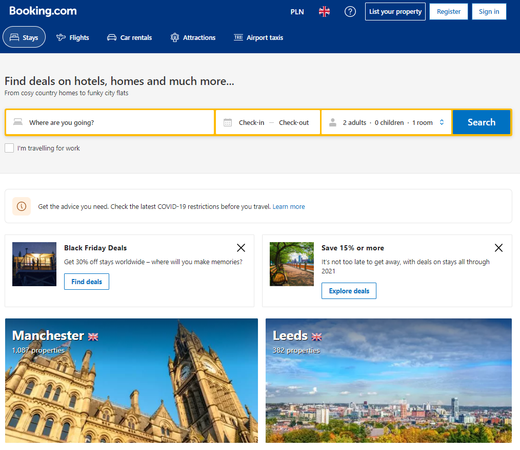 Booking.com jest przykładem platformy, która może być inspiracją do założenia startupu e-commerce zajmującego się robieniem rezerwacji w hotelach