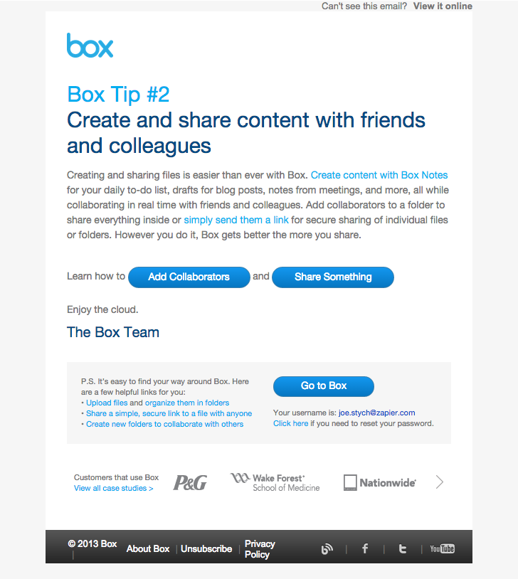 Jedna z wiadomości e-mail w ramach kampanii dripowej firmy Box