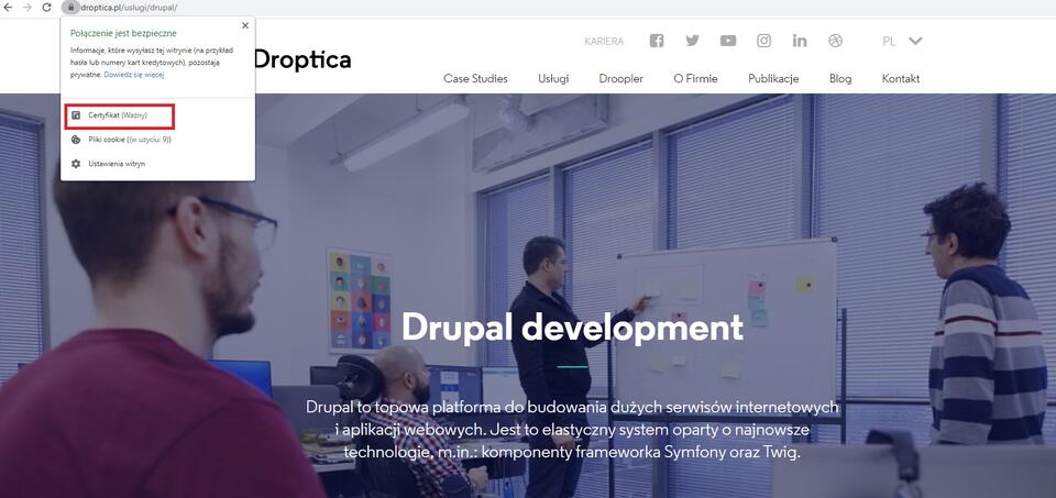 Informacja o certyfikacie SSL widziana z poziomu naszego landing page'a Drupal development