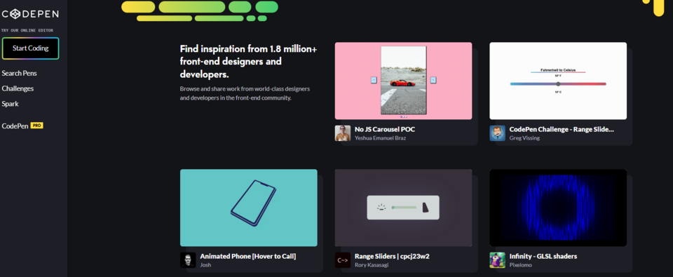 Narzędzie frontendowe CodePen prezentuje przykłady kodu HTML i CSS dodane przez różnych programistów