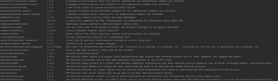 Wynik komendy composer show podczas przeglądu wykorzystywanych bibliotek PHP