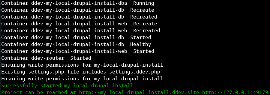 Wynik polecenia ddev start, które pobiera potrzebne obrazy i tworzy niezbędne kontenery