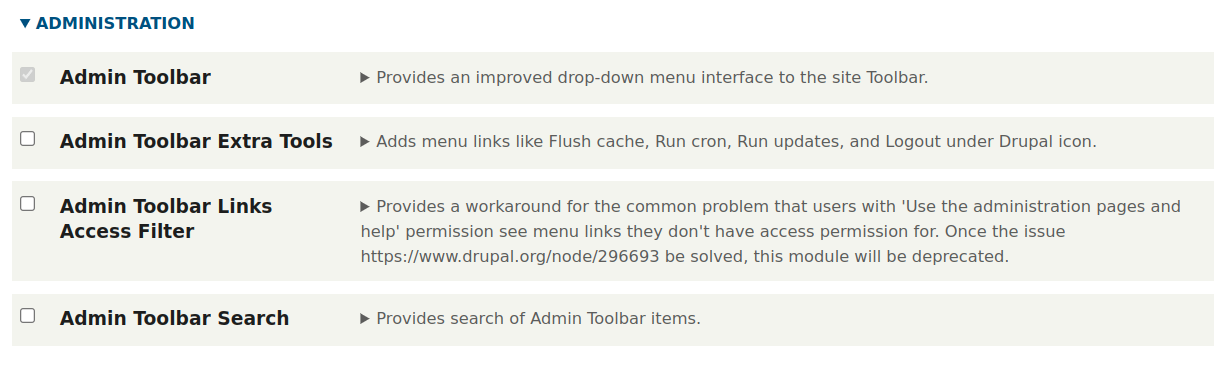 Po zainstalowaniu Admin Toolbara widzimy nie tylko ten moduł Drupala, ale także kilka dodatkowych