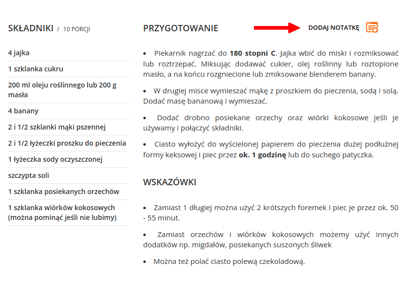 Możliwość dodawania notatek do przepisów na Kwestiasmaku.com - stronie o dużym natężeniu ruchu