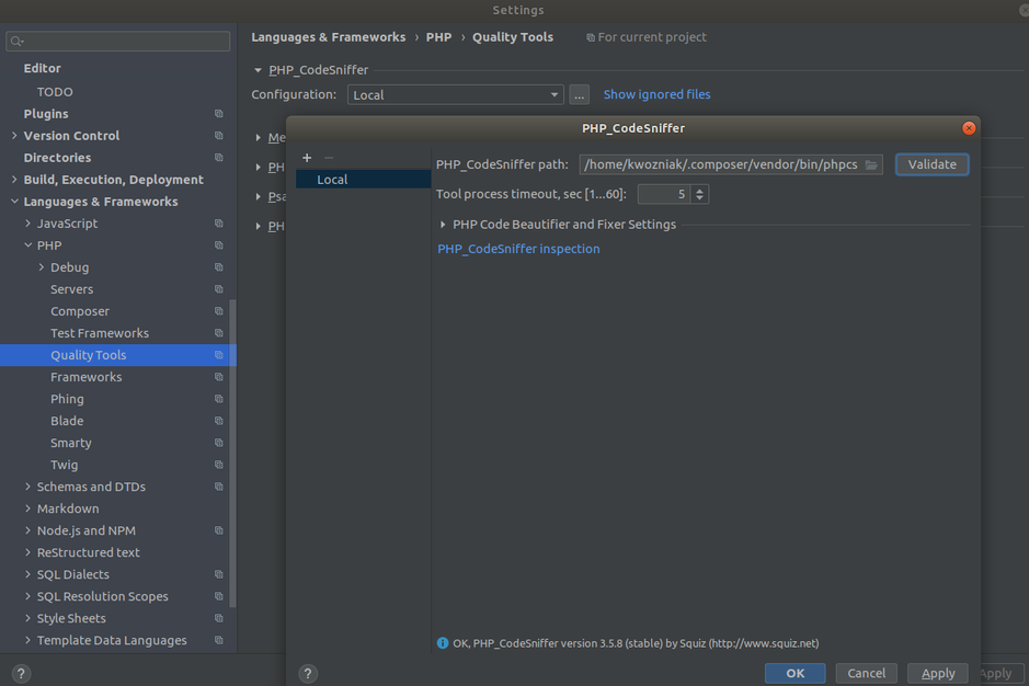  Dodawanie ścieżki do skryptu phpcs dla PHP_CodeSniffera w PHPStorm