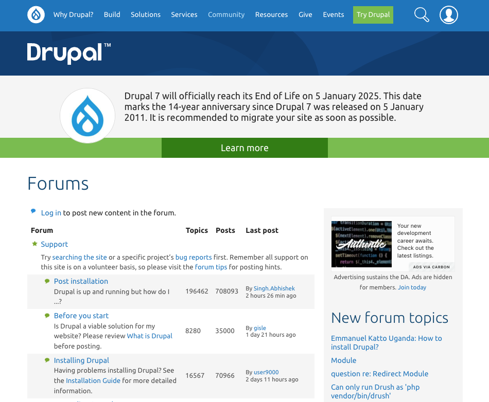 Na stronie internetowej Drupal.org społeczność Drupala dzieli się narzędziami, modułami i poradami.
