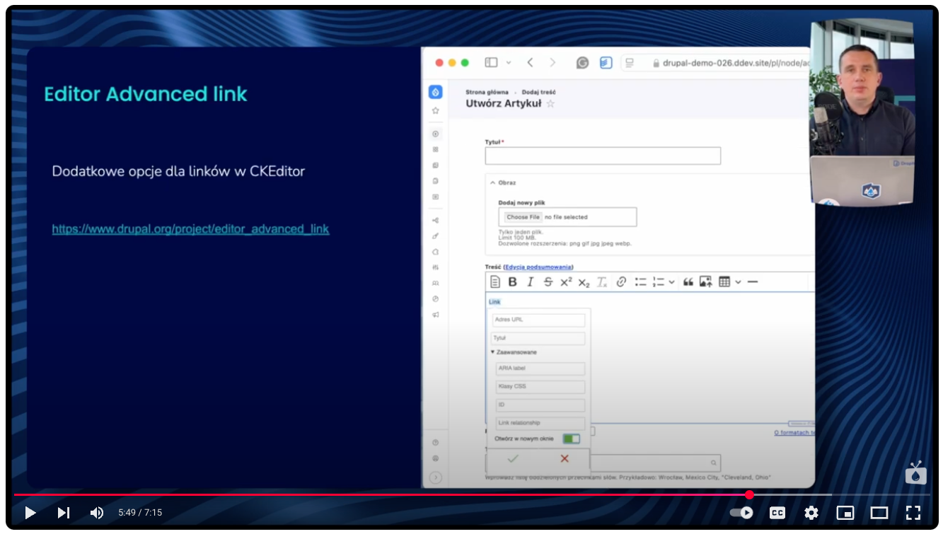 Moduł Drupala Editor Advanced Link wprowadza opcje takie jak otwieranie linku w nowym oknie