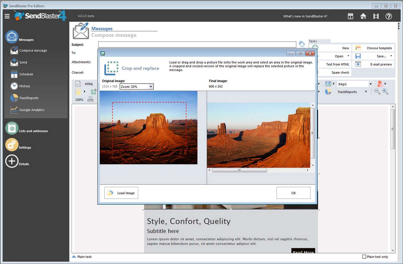 Edytor grafik w narzędziu do mailingu SendBlaster pozwala na dostosowywanie zdjęć