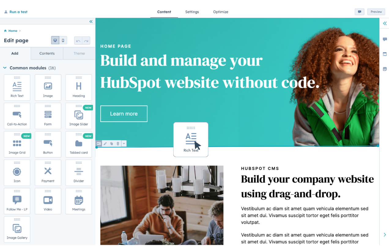 Tworzenie strony za pomocą edytora WYSIWYG w HubSpot CMS