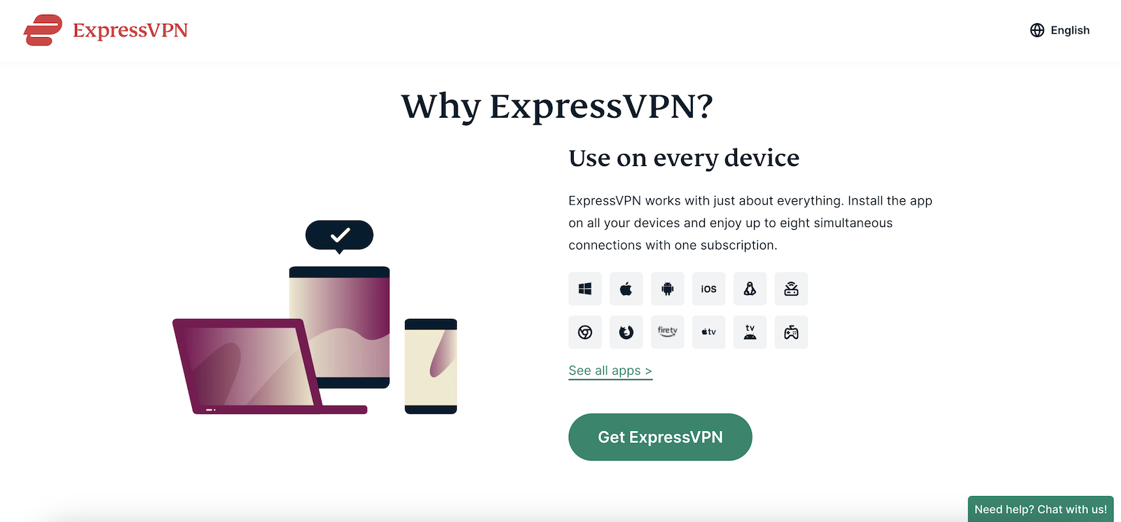 Landing page firmy oferującej obsługę połączeń internetowych Express VPN ma wiele funkcjonalności. 