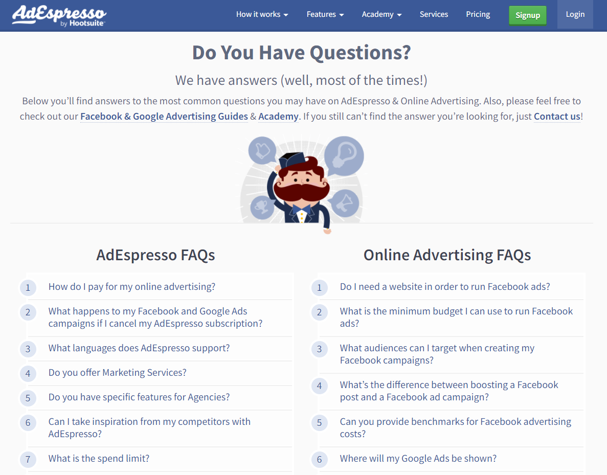 Pytania na stronie FAQ firmy AdEspresso są podzielone na dwie kategorie