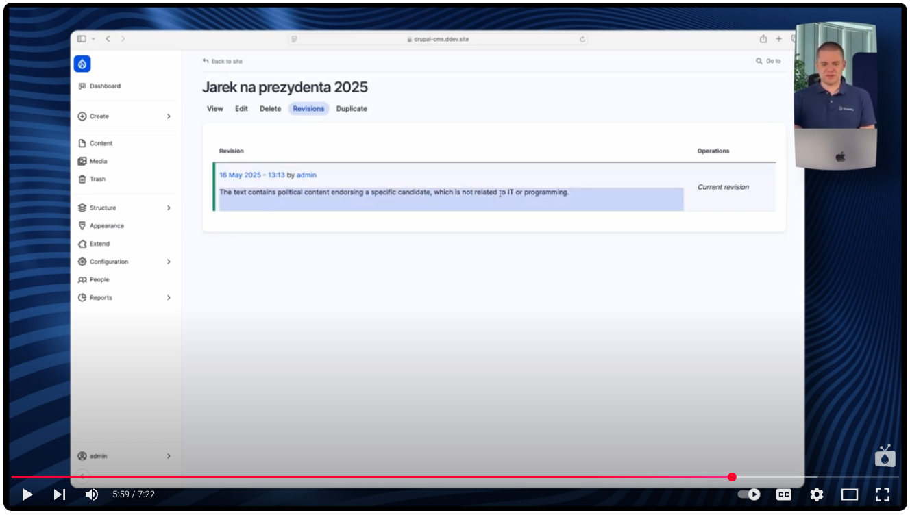 Wynik zastosowania moderacji treści AI w przypadku wpisu na blogu w systemie Drupal