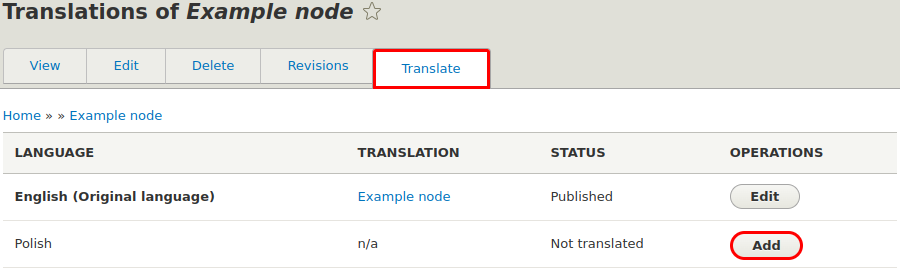 Po przejściu do zakładki Translate należy kliknąć add, aby pokazał się formularz tłumaczenia