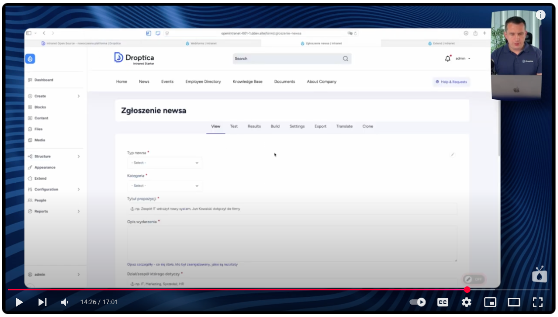 ormularz do zbierania sugestii newsów w Open Intranecie zawiera pola takie jak kategoria i typ wiadomości