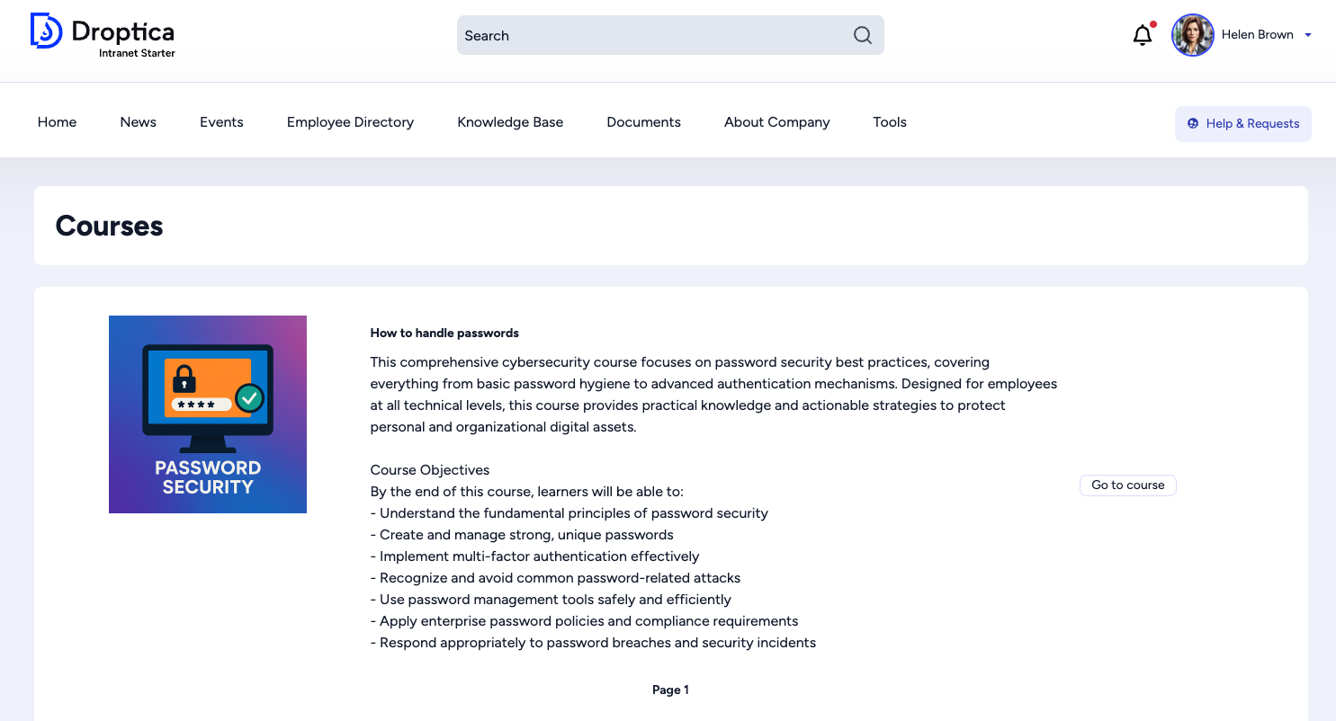 Open Intranet posiada dodatkową funkcję Courses z jednym przykładowym szkoleniem i możliwością stworzenia własnych kursów