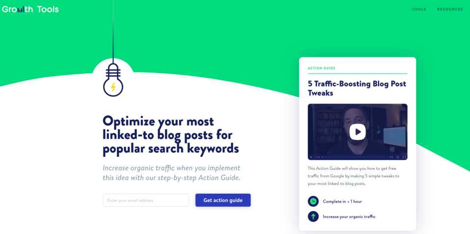 Na landing page'u do zbierania danych Growth Tools w zamian za adres e-mail oferowany jest e-book