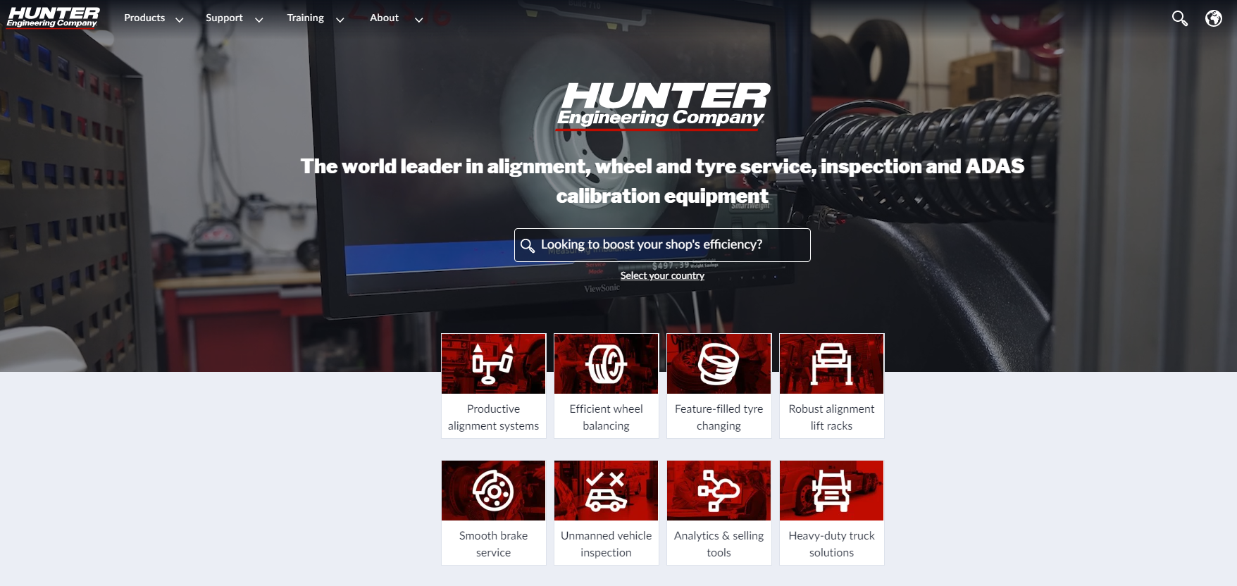 Strona firmy Hunter, zajmującej się inżynierią mechaniczną, wyróżnia się filmikiem i ikonami usług