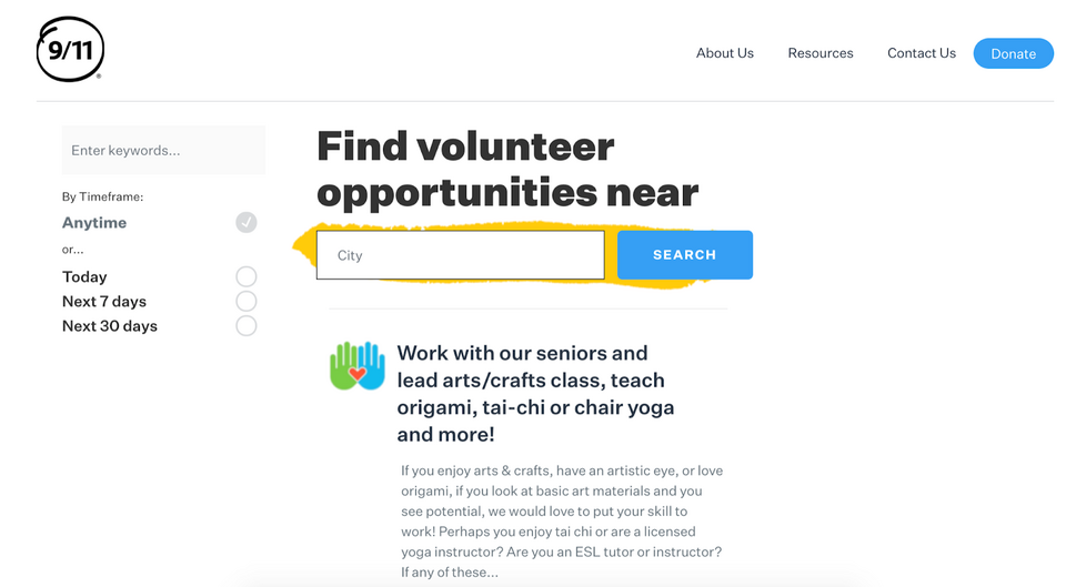 Wyszukiwarka do odkrywania wolontariatów na stronie 911day.org, które można wyszukiwać po lokalizacji i słowach kluczowych