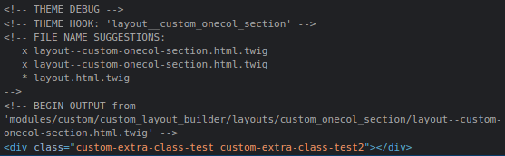 Fragment kodu HTML zawierający klasy, widoczny podczas tworzenia Layout Pluginu