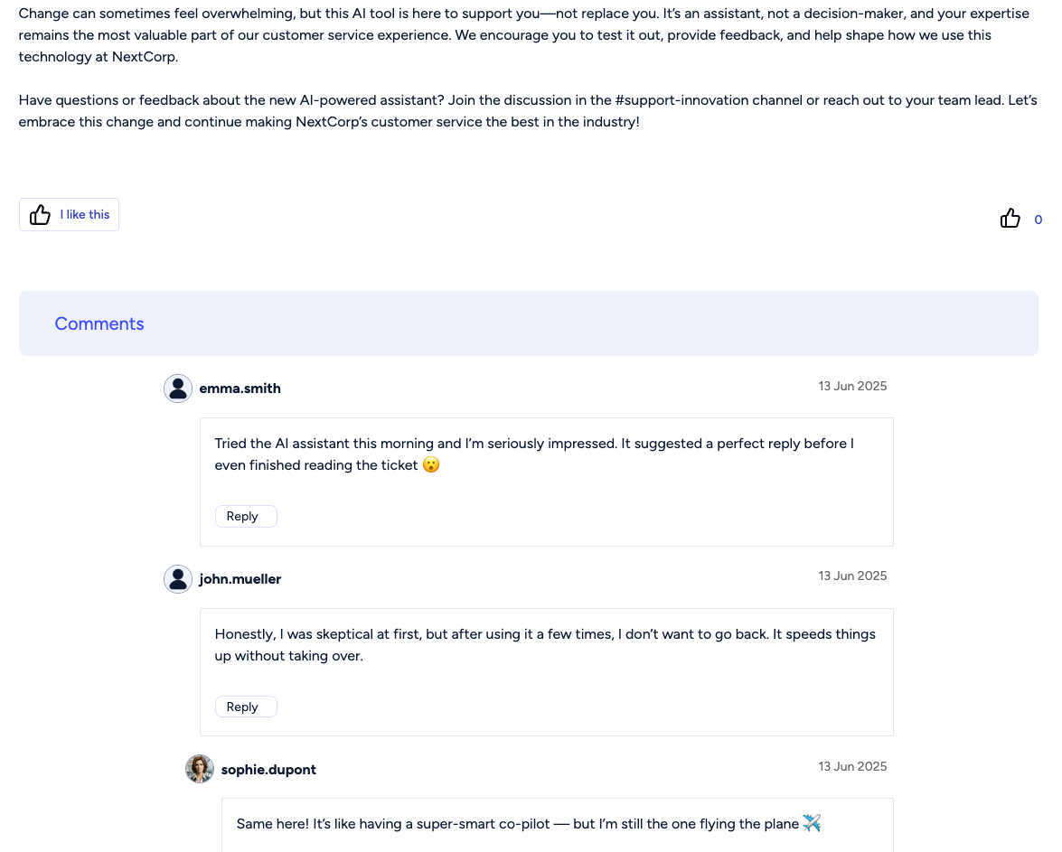 Sekcja komentarzy pod artykułem dodanym na blogu na platformie Open Intranet