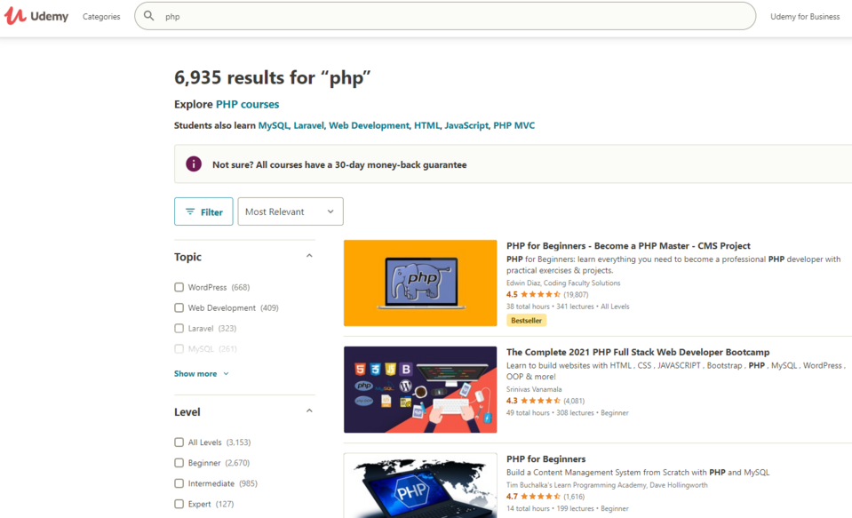Kursy dotyczące PHP na platformie Udemy