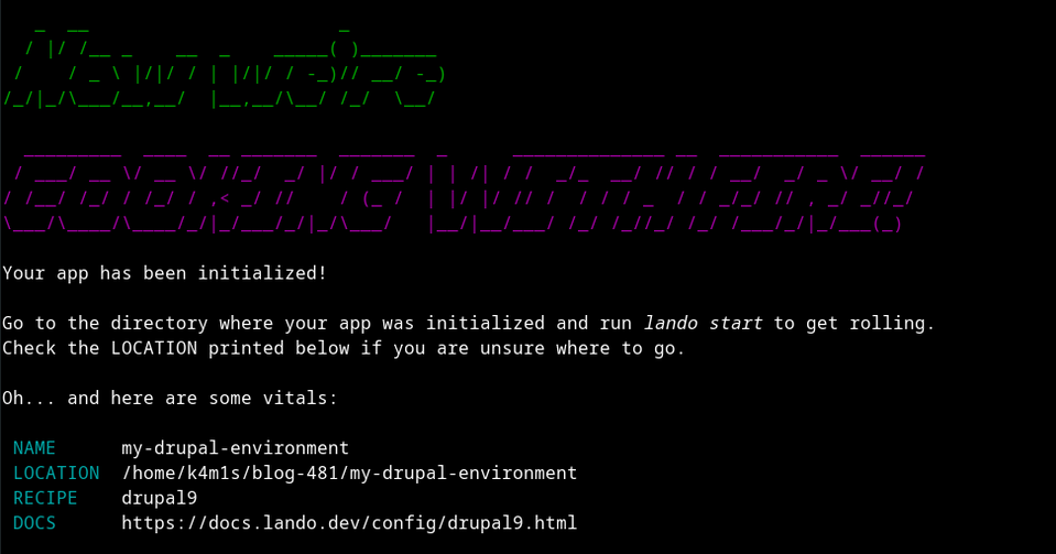 Komunikat, który widzimy po utworzeniu lokalnego środowiska programistycznego przy użyciu Lando