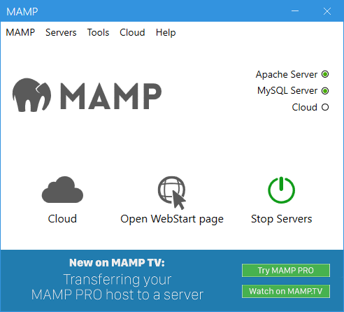 Widok startowy Mamp – narzędzia do tworzenia lokalnego środowiska programistycznego