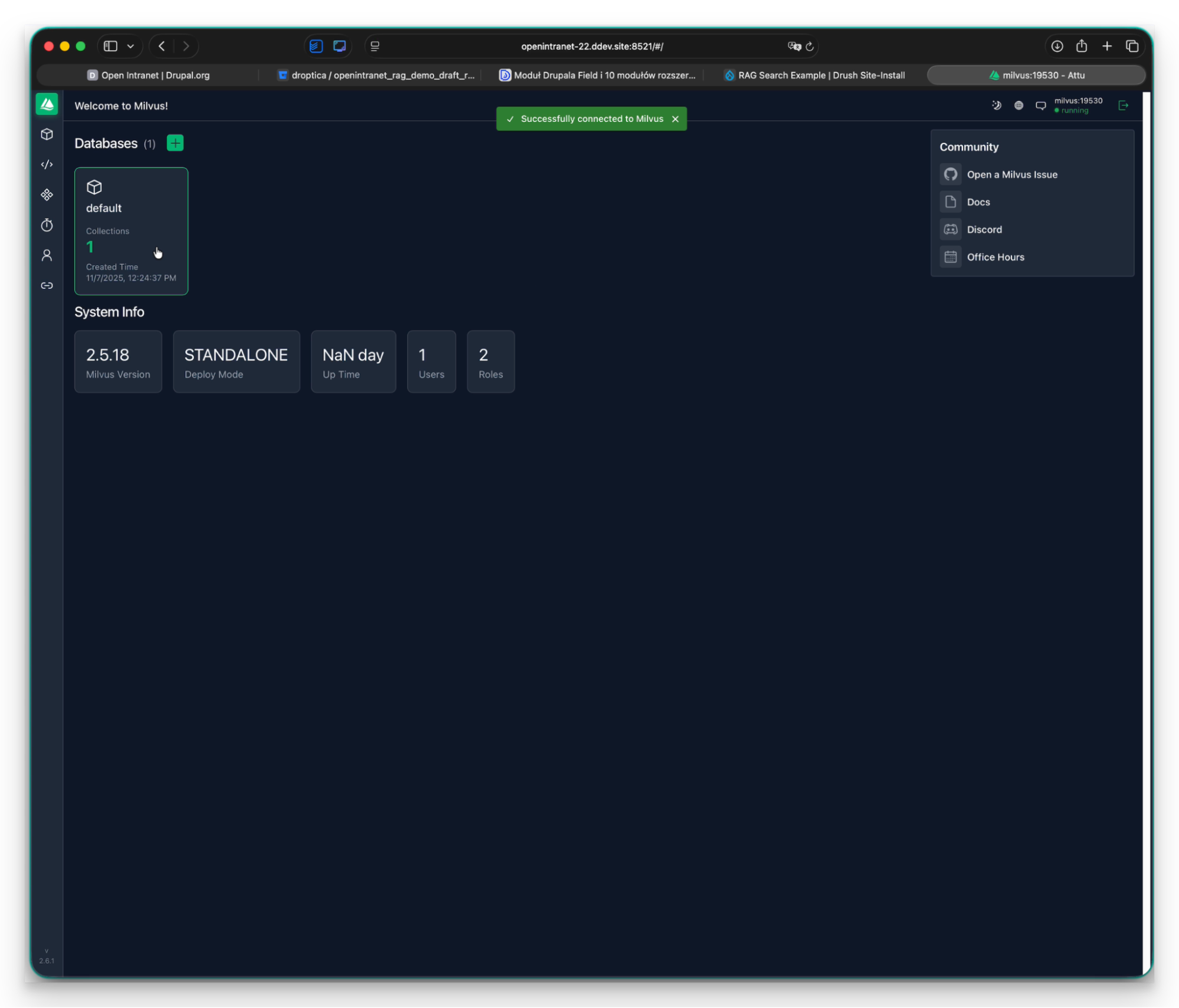 Ekran z działającą bazą wektorową Milvus dla Open Intranetu