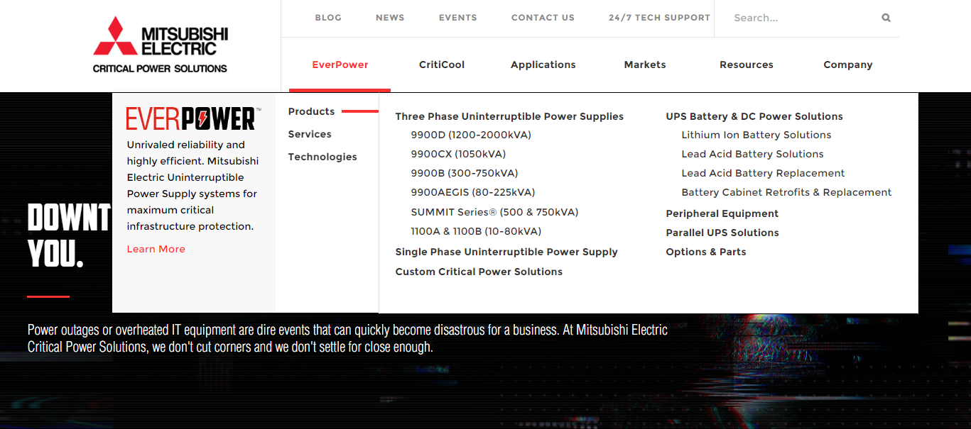 Strona Mitsubishi Electric posiada rozbudowane, ale jednocześnie przejrzyste menu główne
