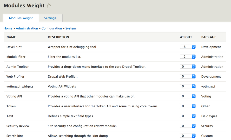 Ustawianie wag modułów w narzędziu przydatnym do pracy w Drupalu - Modules weight