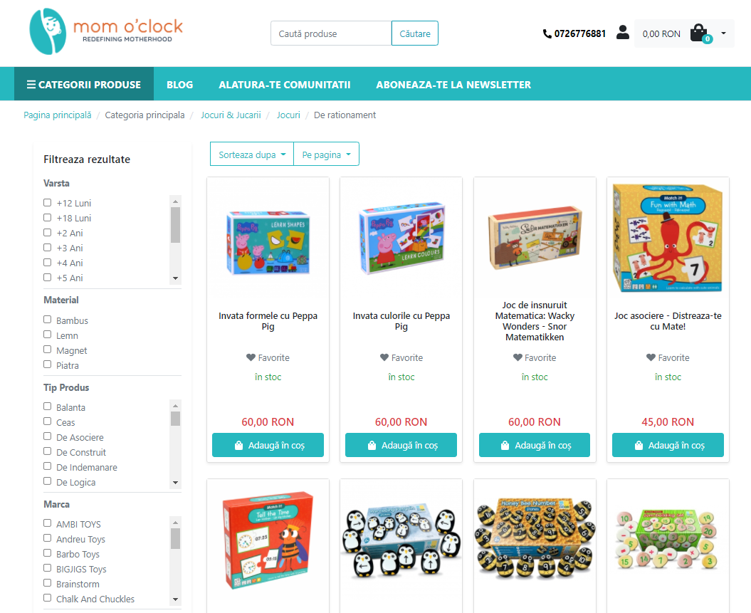 Widok produktów w marketplace Mom O'clock, bazującym na platformie e-commerce Sylius