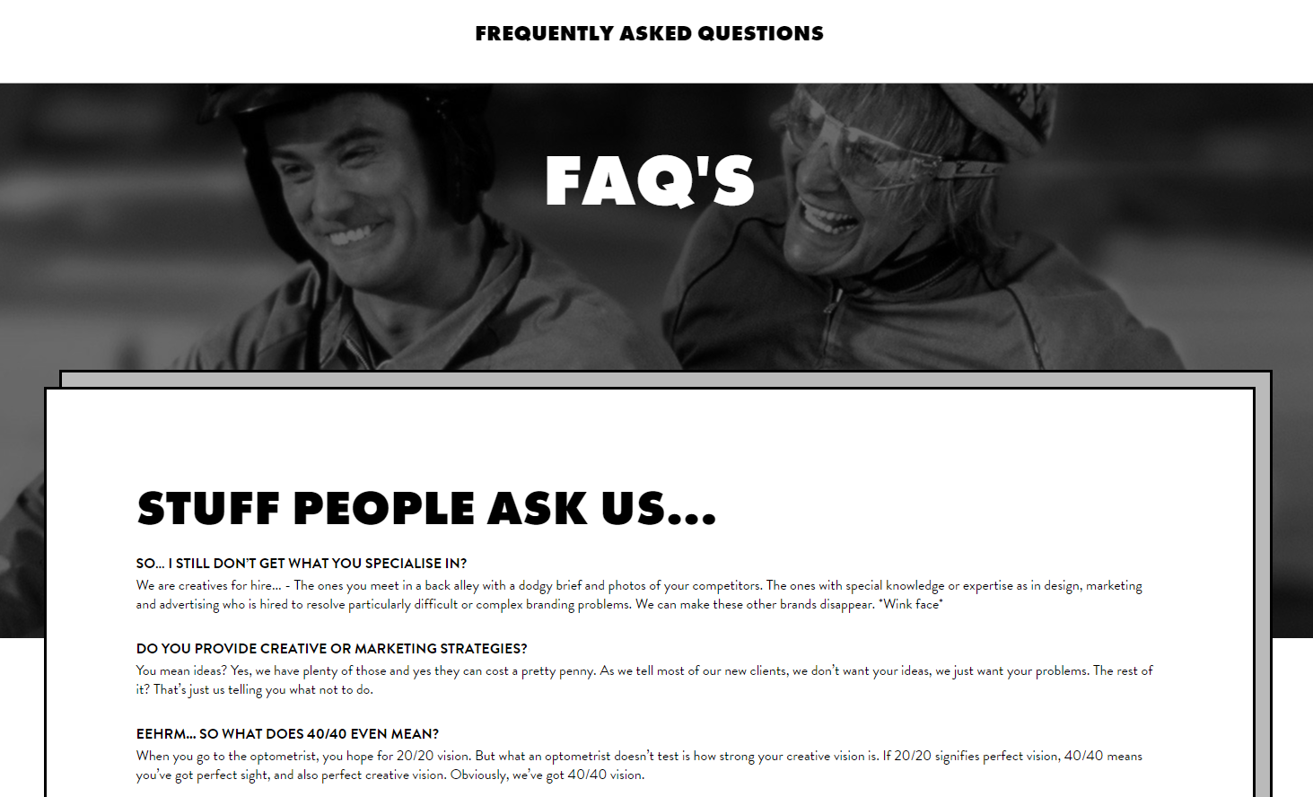 Strona FAQ 40/40 Creative Agency jest utrzymana w humorystycznym stylu