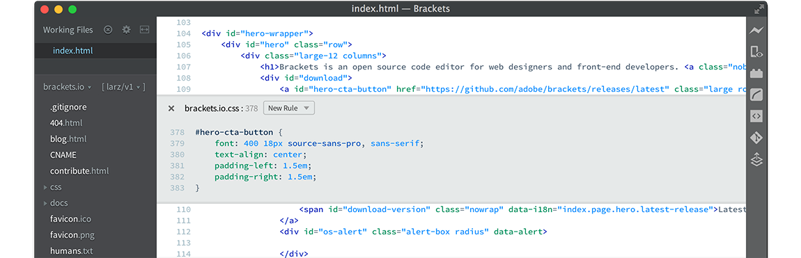 Brackets jest bardzo lekkim edytorem kodu dla programistów