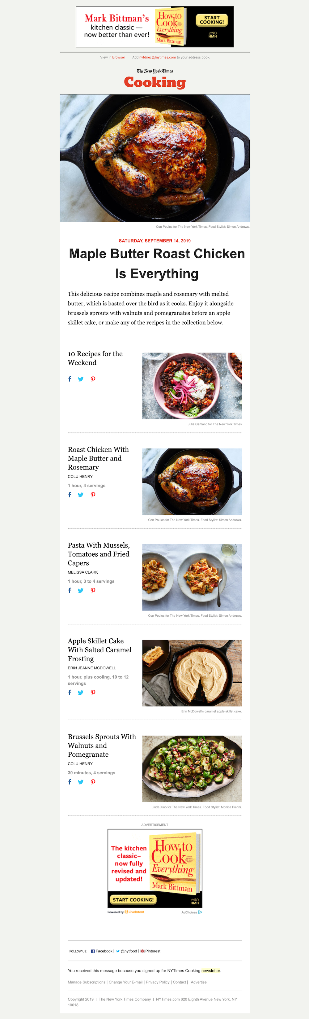 Newsletter kulinarny New York Times Cooking zawiera wysokiej jakości zdjęcia wybranych przepisów