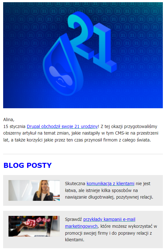 Newsletter Droptica zawiera odnośniki do artykułów z bloga firmy