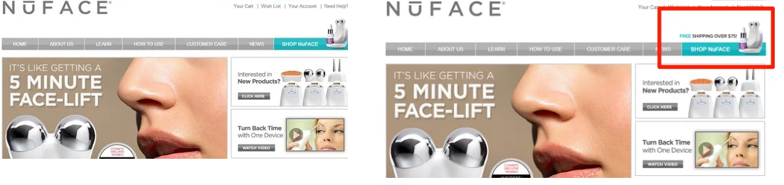 Firma e-commerce NuFACE wykonała testy A/B, aby sprawdzić, czy bezpłatna wysyłka zwiększy sprzedaż