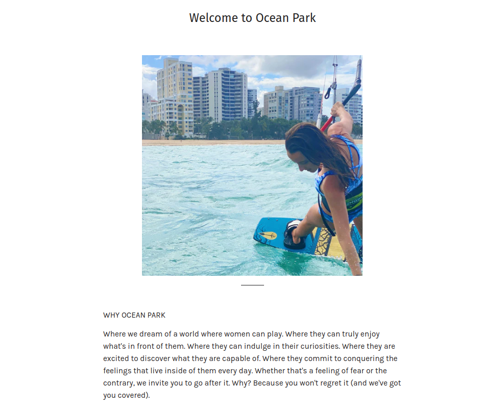 Strona "o nas" marki Ocean Park zawiera osobistą historię jej kreatorki