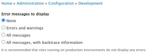 Opcja Error messages to display w Drupalu powinna być ustawiona na None