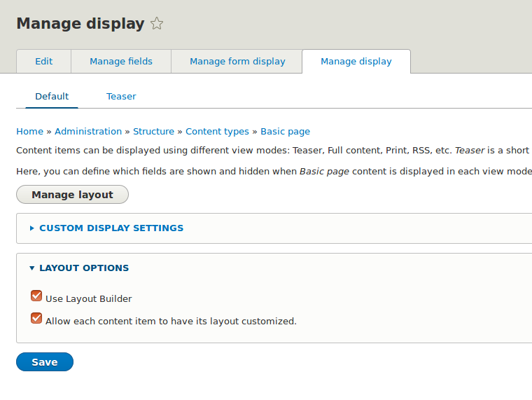 Przycisk Manage layout pojawia się na karcie Manage display po wybraniu dodatkowych opcji