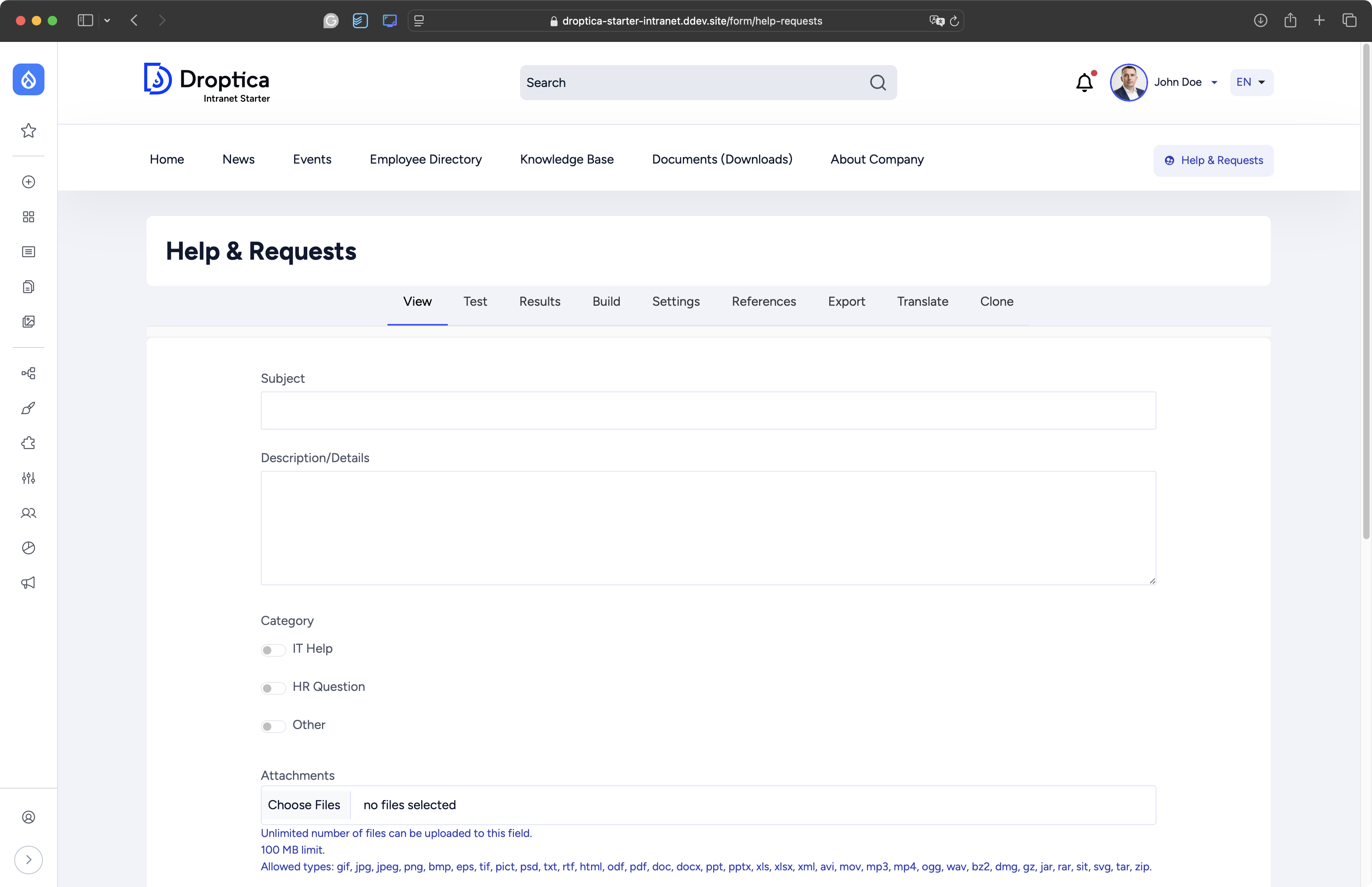 Przykład formularza zgłoszeniowego w systemie Open Intranet